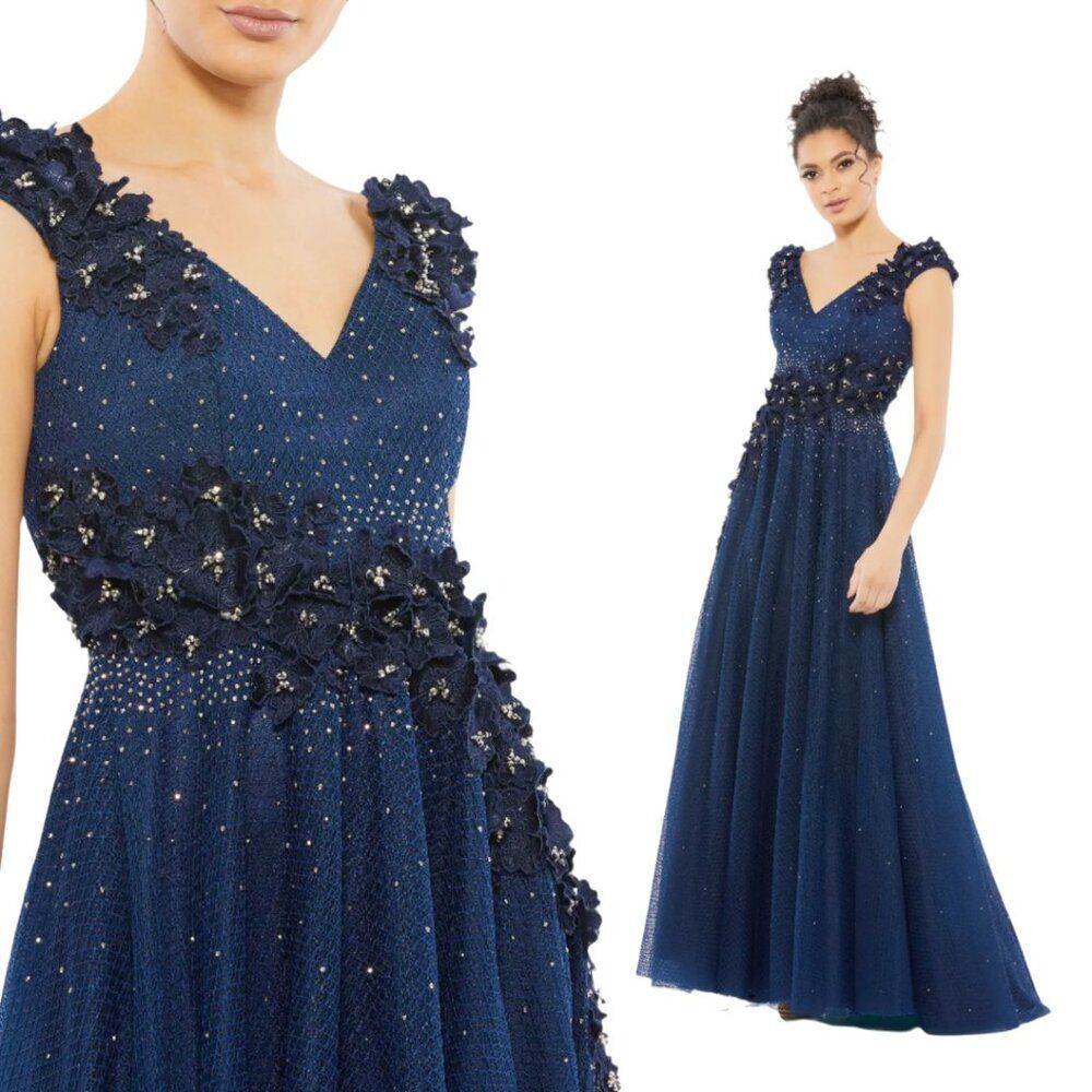 Mac Duggal 11152 Size 8 Blue Floral Applique A-Line Evening Gown Long Maxi Dress